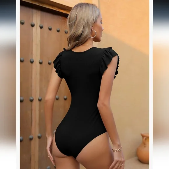 Amazon Missufe Flutter Sleeve Bodysuit Ribbed Black Skims Casual Shapewear - Picture 3 of 16